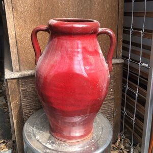 Madison county ceramic milk jug red vase, pottery farm cottage decor *AS IS